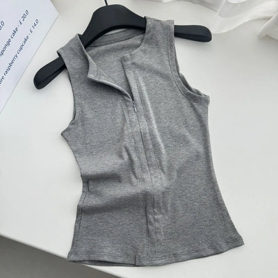 Women's Sleeveless Zip-Up Crop Top Korean Style Slim Fit Summer Vest Sexy Casual Camisole for Women Fashion Streetwear Basic Tee