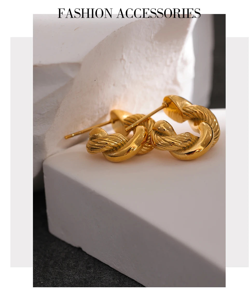 Yhpup 316L Stainless Steel Geometric Twisted Fashion Hoop Earrings for Women 18k Gold Plated Rust Proof Stylish Charm Jewelry