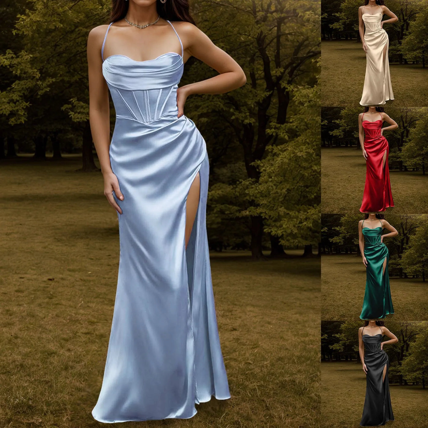 Green Women's Dress Lace Up Backless High Slit Corset Maxi Dress Elegant Vestidos Slim Fishbone Formal Dresses For Wedding Guest
