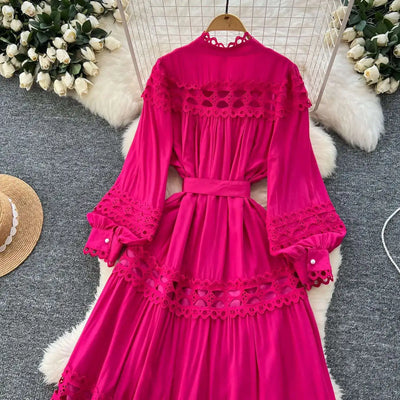 Elegant Long Maxi Hollow Out Dress Shirt Women Summer Autumn Palace Retro Pearl Button Embroidery Crochet Evening Party Vestidos
