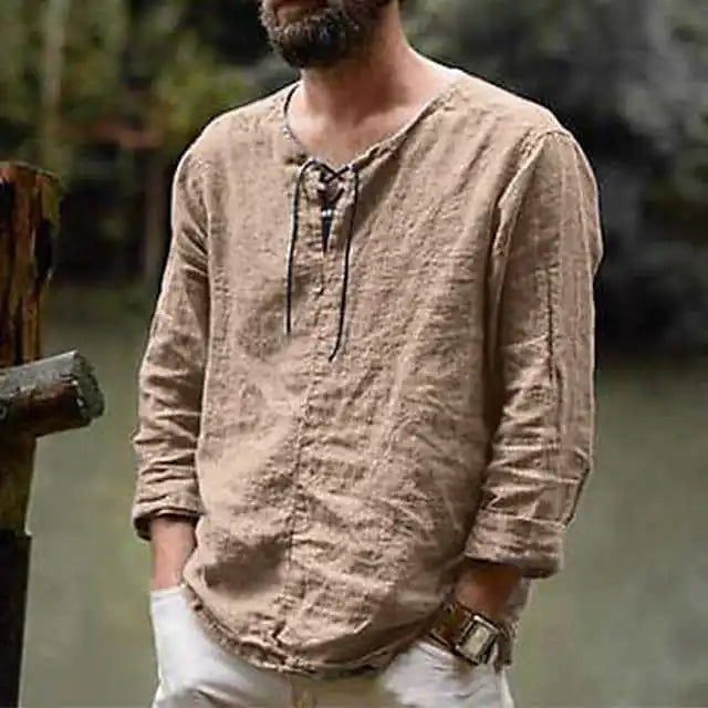 Cotton Linen Drawstring T Shirt Men's V Neck Blouse Solid Color Long Sleeves Casual Cool Tops Vikings Costume For Men M-6XL