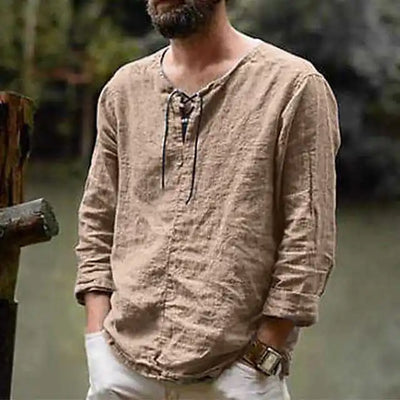 Cotton Linen Drawstring T Shirt Men's V Neck Blouse Solid Color Long Sleeves Casual Cool Tops Vikings Costume For Men M-6XL