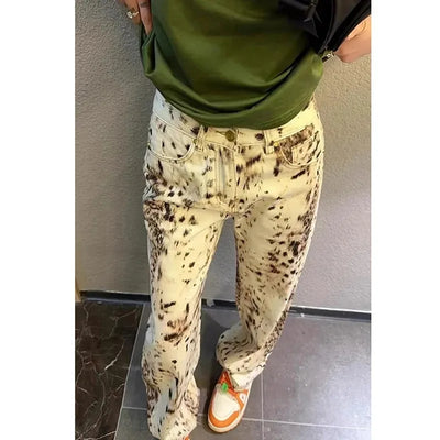Leopard Print Straight Wide Leg Jeans Women High Waisted Retro Jeans Streetwear Y2k Vintage Pants High Street Denim Trousers