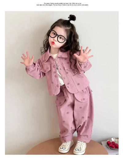 Girls Coat and Pants Two Piece Set 2025 Spring and Autumn New Korean Fashion Floral Casual Coat and Pants Two Piece Set Trend