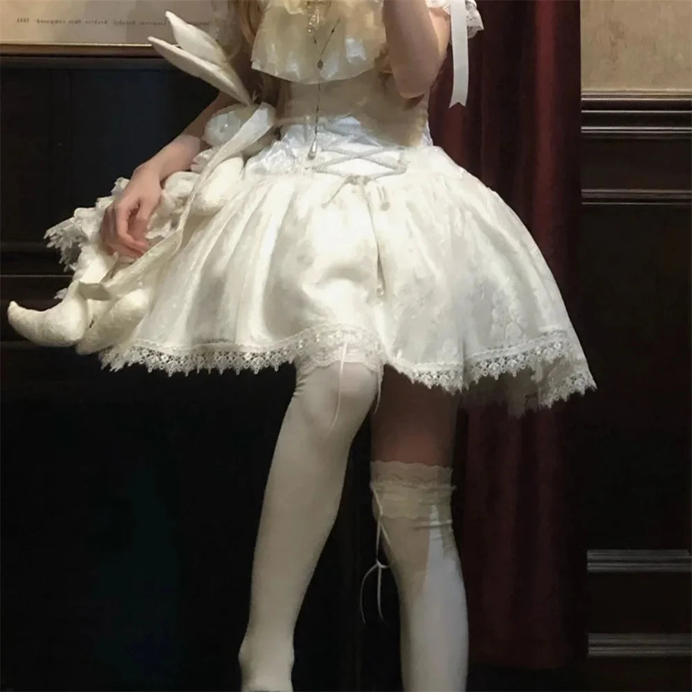 2025 Lolita Subculture Black White Short SK Lace Skirt High Waist Lace Up Girls Birthday Gothic Victorian Cosplay Party Skirts