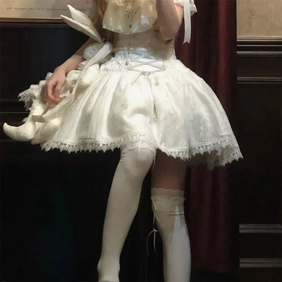 2025 Lolita Subculture Black White Short SK Lace Skirt High Waist Lace Up Girls Birthday Gothic Victorian Cosplay Party Skirts