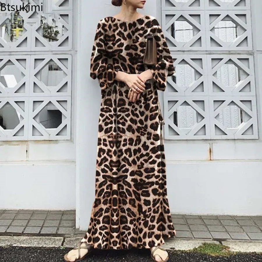 2025 Fashion Leopard Printing Maxi Dress Women's Spring Sundress Elegant Casual Long Sleeve Vintage Long Dresses Vestidos Female