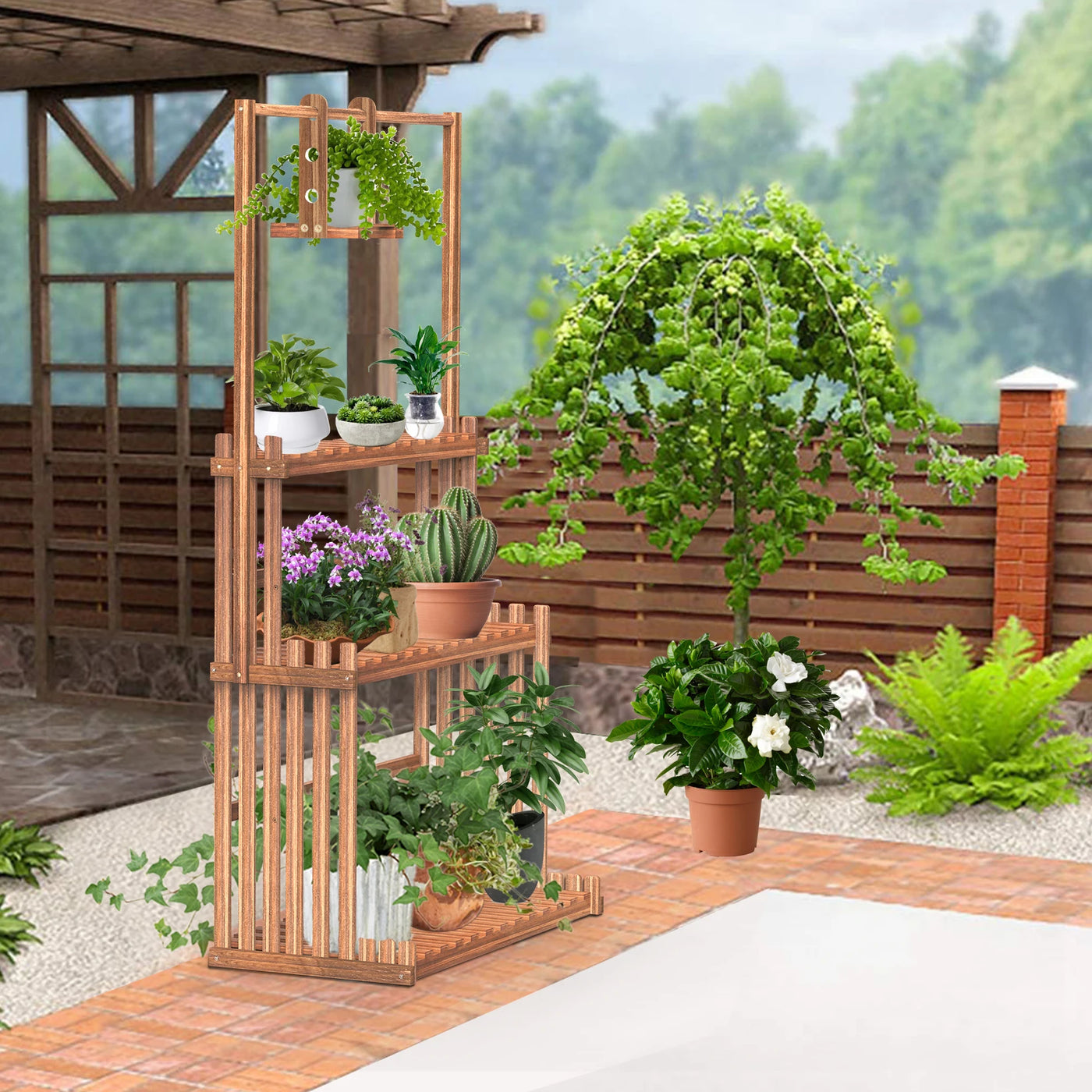 3 Tiers Heavy Duty Hanging Plant Stand Wood Garden Tall Flower Display Rack