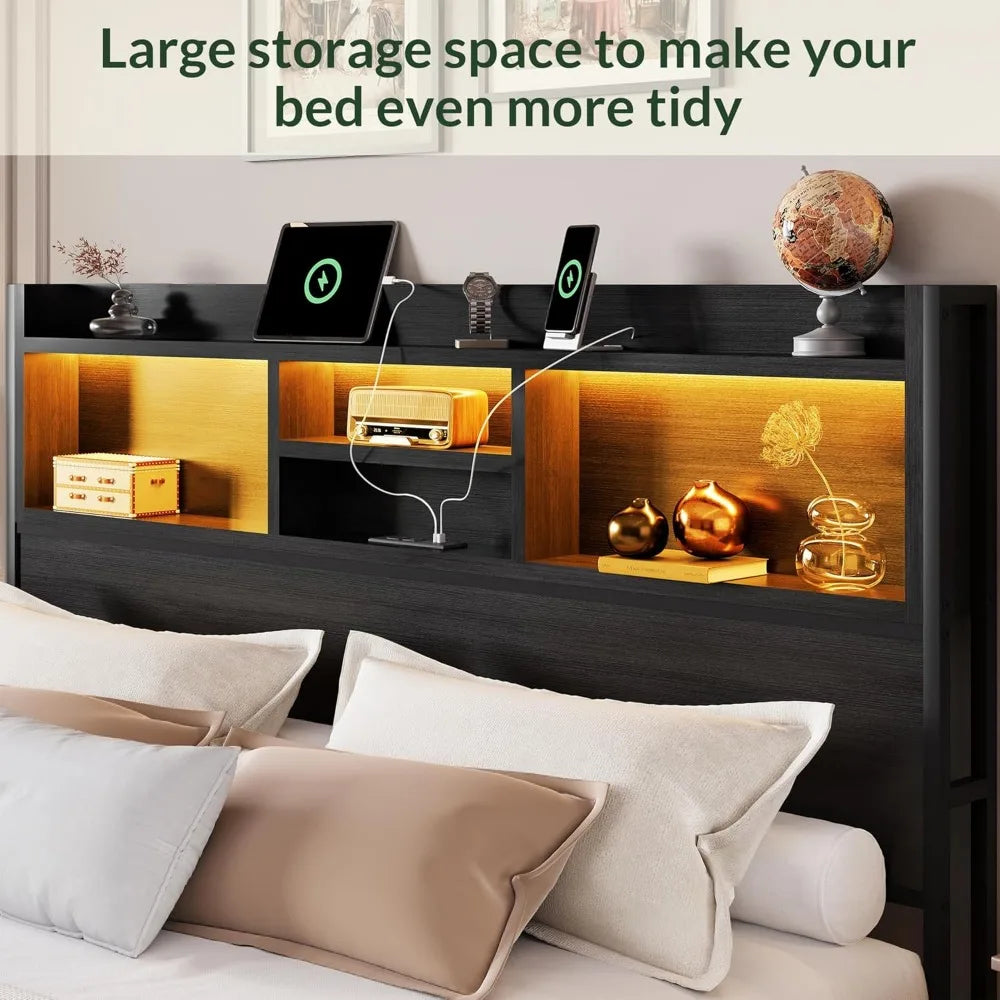 King Size Storage Bed Frame – 6 Built-In Drawers, Wooden Headboard & LED Lights with Charging Station
