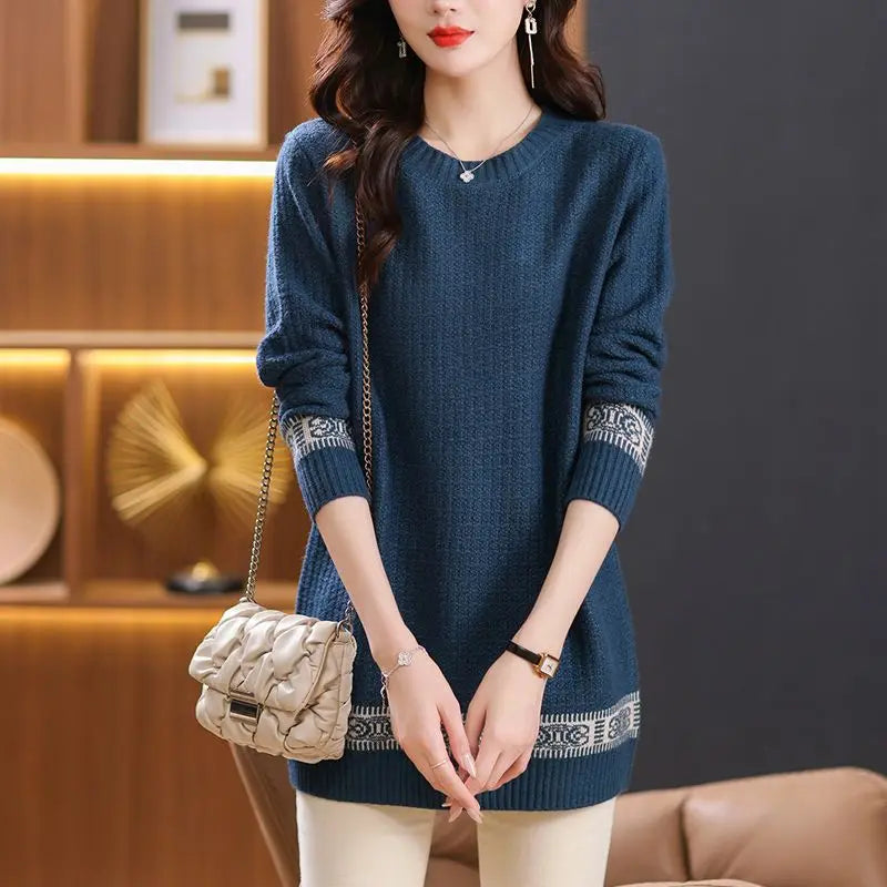 5XL Large Size Mid Length Knitted Sweater Women's Pullovers O-Neck Loose Knit Jumper Spring Autumn All-match Casual Sweaters