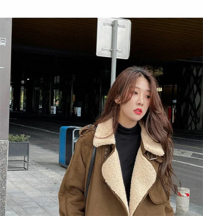 2024 Autumn Winter New Medium Long Double-breasted Lambswool Suede Woolen Coat Women Add Velvet Padded Warm Fur One Woolen Coats