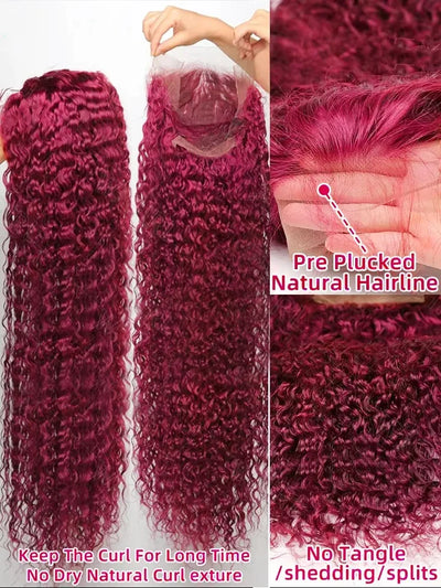 Curly 99J Burgundy 30 Inch Deep Wave 13x4 Lace Front Wig Wet And Wavy Red Colored wigs HD Lace Frontal 100% Human Hair Wigs
