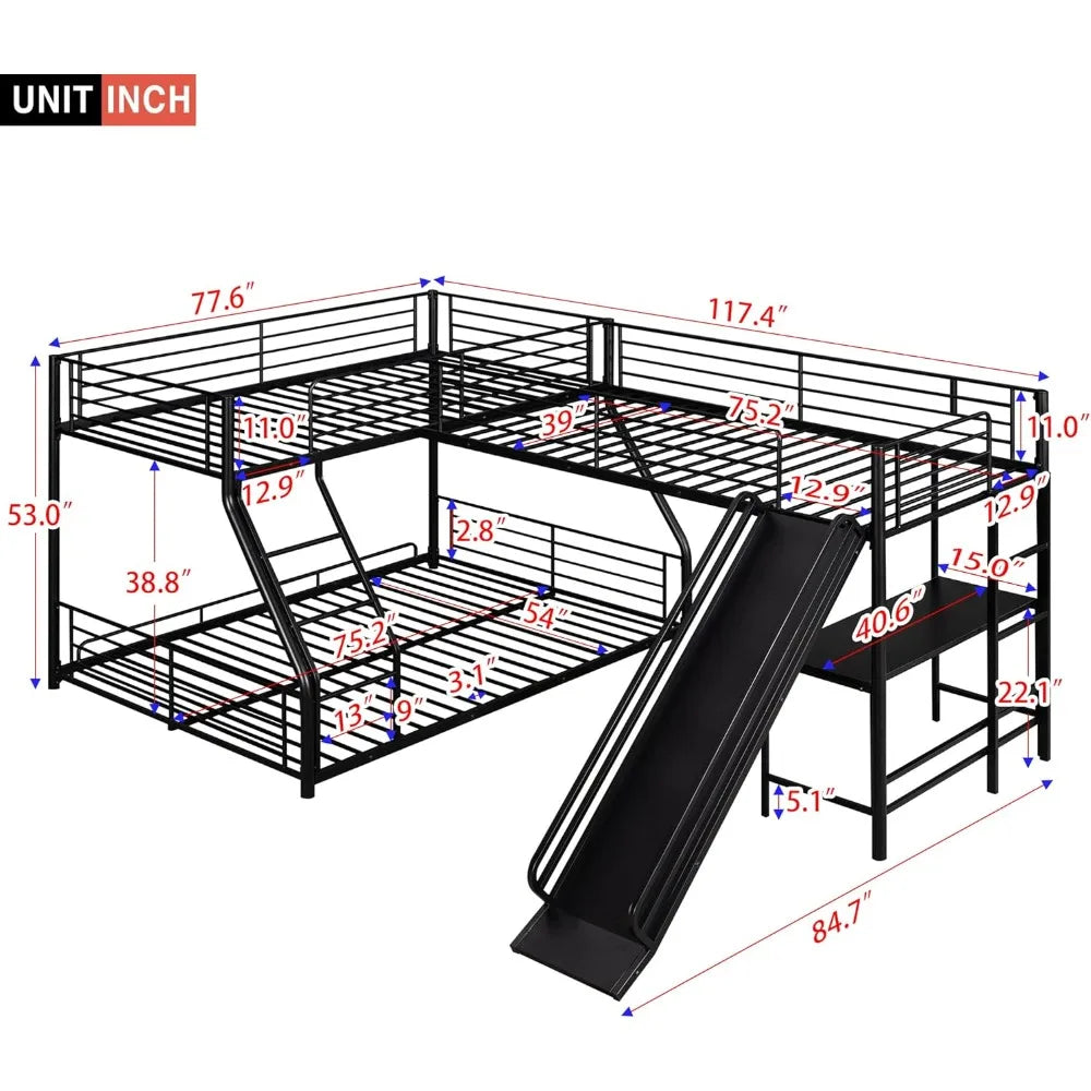 SOFTSEA Twin Over Full Bunk Bed with Twin Loft Bed, Heavy Duty L-Shaped Triple Metal Bunk Bed Frame with Desk and Slide for 3 Pe