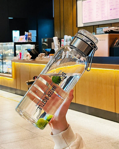 Sports Glass Water Bottle 2L Capacity Free Cup Cover (with Shoulder Strap)  Portable Leak-proof Drinking Stainless Steel Lid