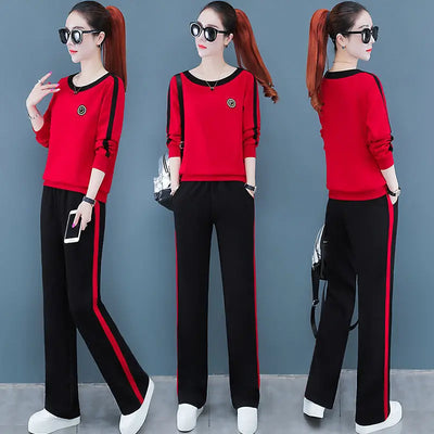 2022 New Spring and Autumn Fashion Long Sleeve Wide Leg Pants Set Women's Korean Slim Relaxed Casual Sports Two Piece Set
