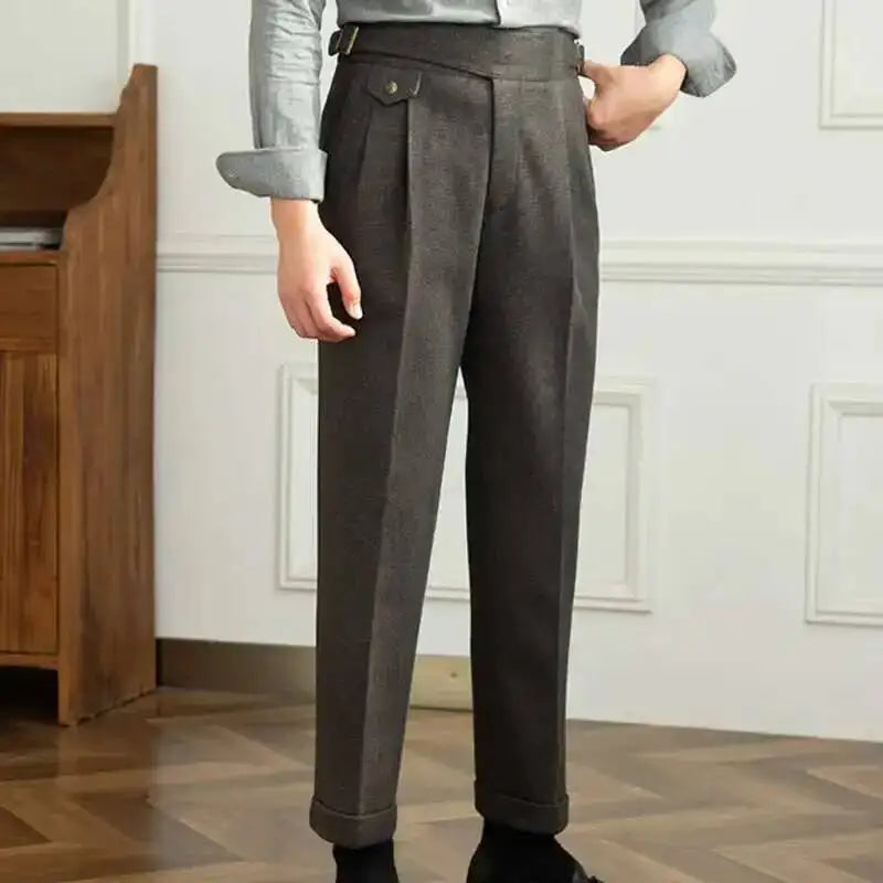 2023 Autumn Winter Men's Warm Retro Straight Trouser Male Casual British High Waist Pants Office-trousers Dress Pant Trousers