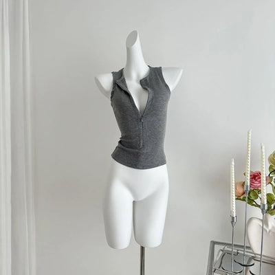 Women's Sleeveless Zip-Up Crop Top Korean Style Slim Fit Summer Vest Sexy Casual Camisole for Women Fashion Streetwear Basic Tee