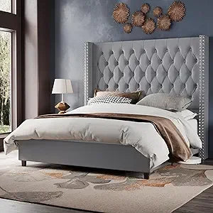 Queen Size Velvet Wingback Bed Frame with 61.4" High Headboard, Handcrafted Pleats and Deep Platform Design