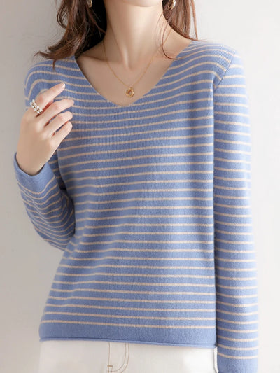New Striped V-neck Sweater Women's All-Match Loose Sweater Fall Winter Fashion Bottoming Shirt Inner Wear Blouse