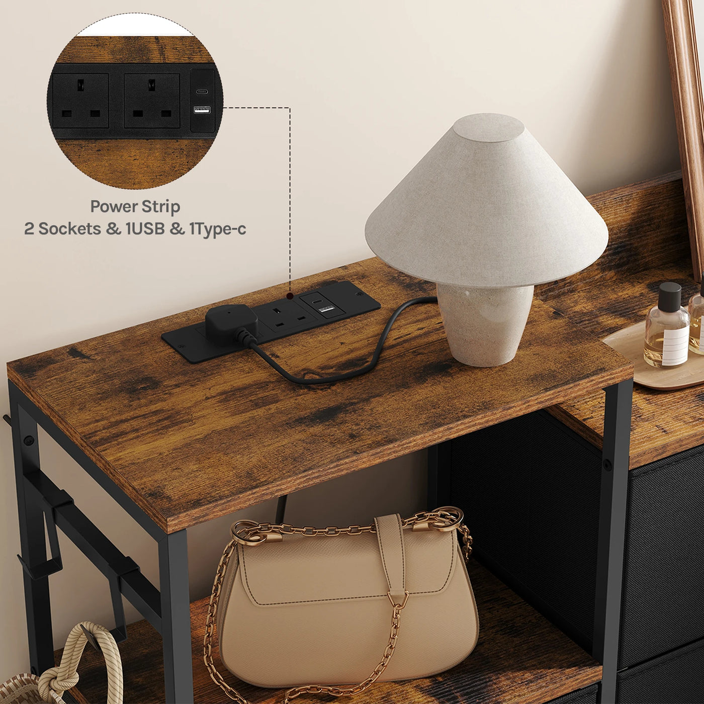 Chest of Drawers with 8 Fabric Drawer Sideboard Storage Cabinet for Kitchen Office with Charging Sockets Steel Frame 132x88x30cm