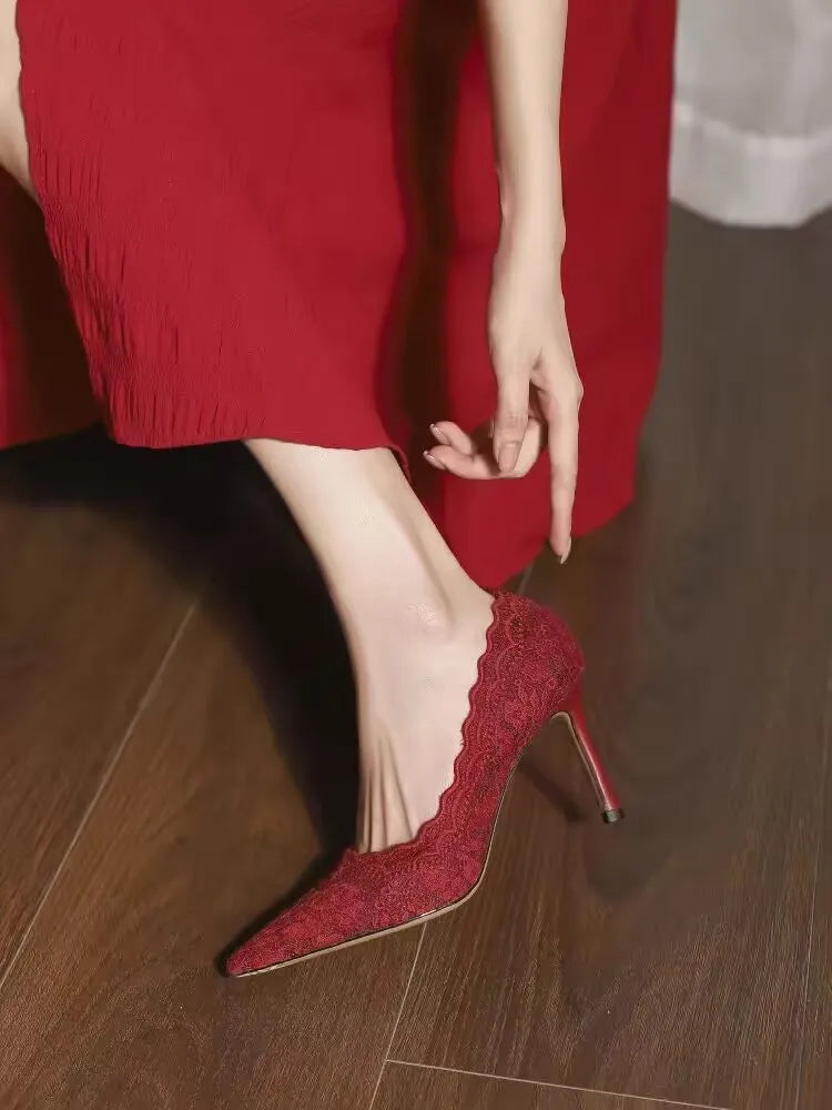 White Wedding Shoes Bridal Shoes Design Sense Niche Lace Pointed Stiletto Heel Shallow French High Heels Female Temperament
