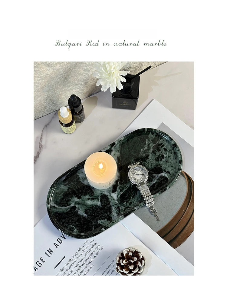 Luxury Green Marble Oval Tray: Bathroom Organizer & Fruit Serving Platter, Waterproof Stone Decor for Hotel Spa Home Kitchen