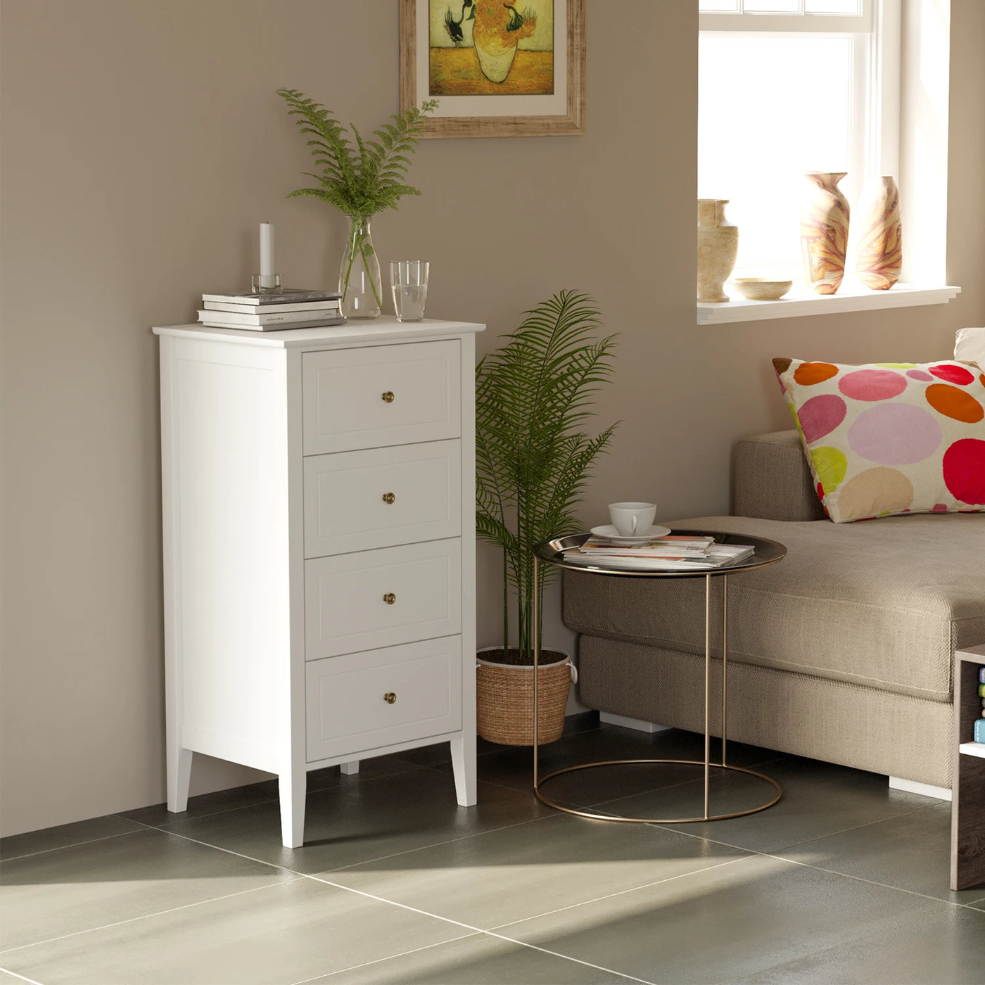 Small Chest of Drawers, Bedroom Storage Cabinet, White Bedside Table, Wooden 50x40x95cm