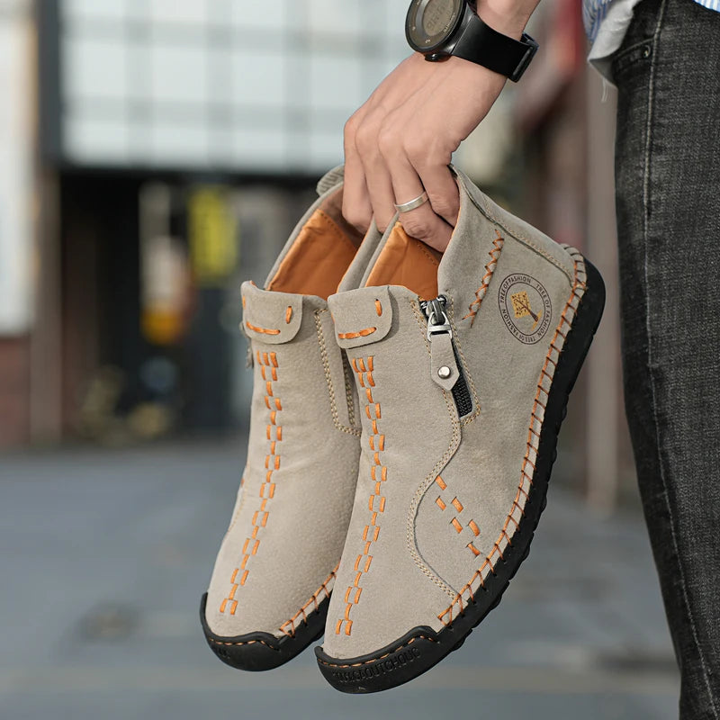 Handmade Leather Casual Shoes For Men Sneakers Men Flat Footwear Zipper Leather Boots Men Ankle Plus Size 39-48