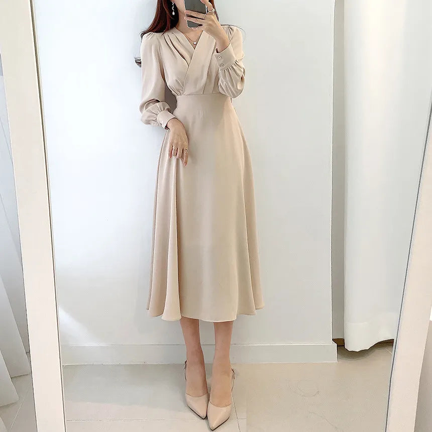 Jielur Harajuku V-neck Puff Sleeve A-line Maxi Dress Woman Solid Color Midi Robe Korean Office Dresses Elegant Spring Dress Lady