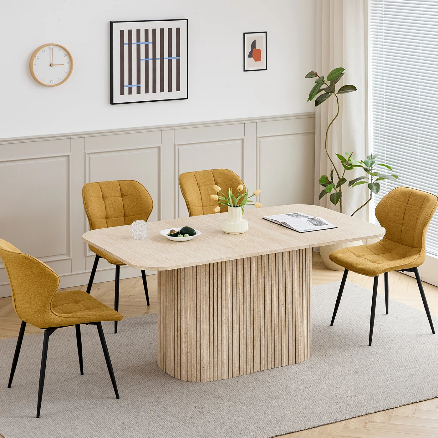 Nordic Solid Wood Dining Table, Corrugated Base Home Dining Table, Simple Kitchen / Dining Table, for 4 - 6 People