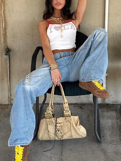 Women's Spring Summer Baggy Pants Mid Waist Loose Side Bandage Wide Leg Denim Pants