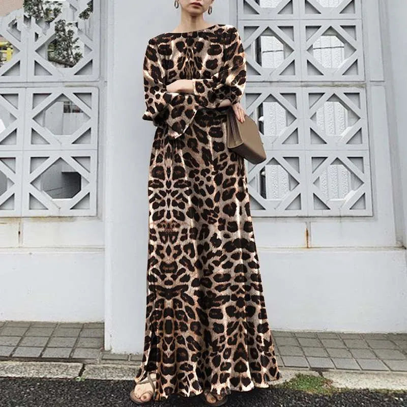 2025 Fashion Leopard Printing Maxi Dress Women's Spring Sundress Elegant Casual Long Sleeve Vintage Long Dresses Vestidos Female