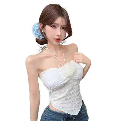 Y2K Women Fashion Sleeveless Vest Hanging Neck Irregular Lace-up Tops With Chest Female Sweet Sexy Vacation Style Top