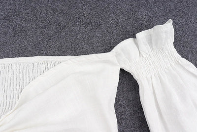 WhereMery Y2K White Off Shoulder Crop Tops Sexy Deep V-neck Puff Long Sleeves T Shirt Fashion Chic Bow Bandage Exposed Navel Top