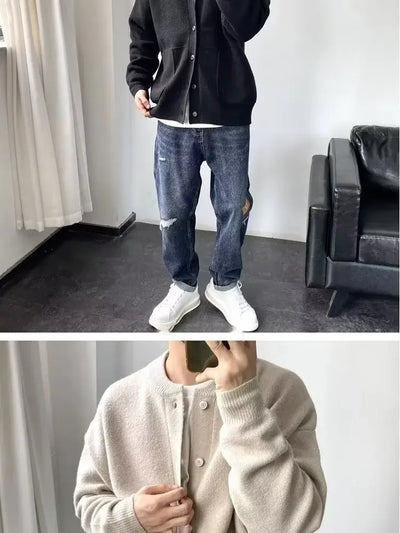 Autumn Winter New Style Men's Knitted Cardigan Sweater Casual Pure Color Lazy Fashion Youth Versatile Knitwear Coat