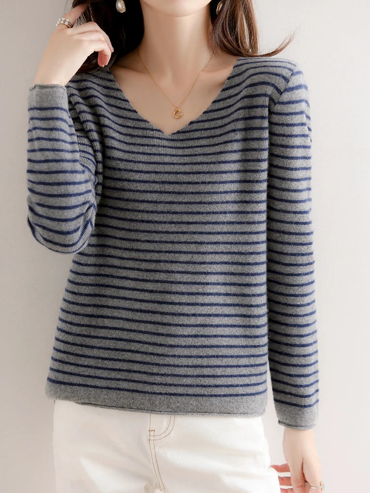 New Striped V-neck Sweater Women's All-Match Loose Sweater Fall Winter Fashion Bottoming Shirt Inner Wear Blouse