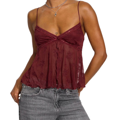 Women's Sleeveless V Neck Floral Embroidery Mesh Camisole Lace Trim Tank Tops Summer Cami Tops