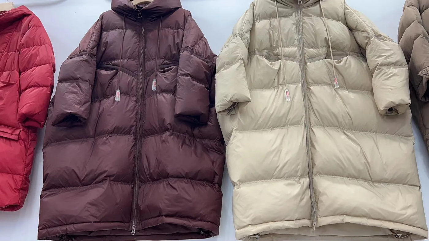 Winter Hooded Drawstring Loose Puffer Jacket Women Solid Oversize Casual Silhouette Long White Duck Down Warm Coat 2024 New Coat