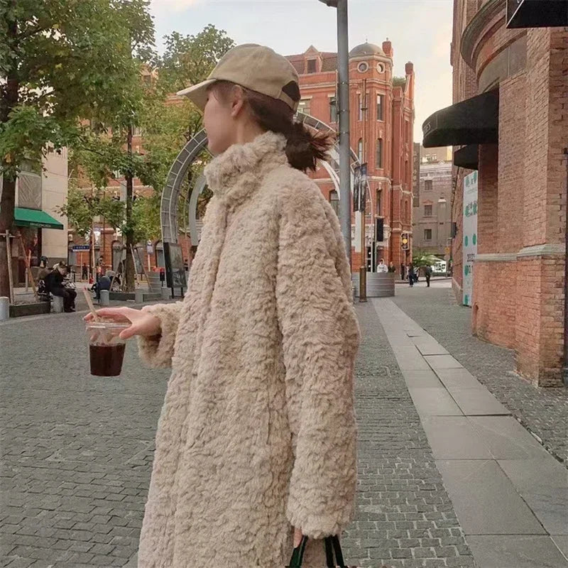 Lamb Wool Long Jackets Women Winter Warm Stand Collar Loose Fur Outerwear Y2K Korean Fashion Long Sleeve All Match Fake Fur Coat
