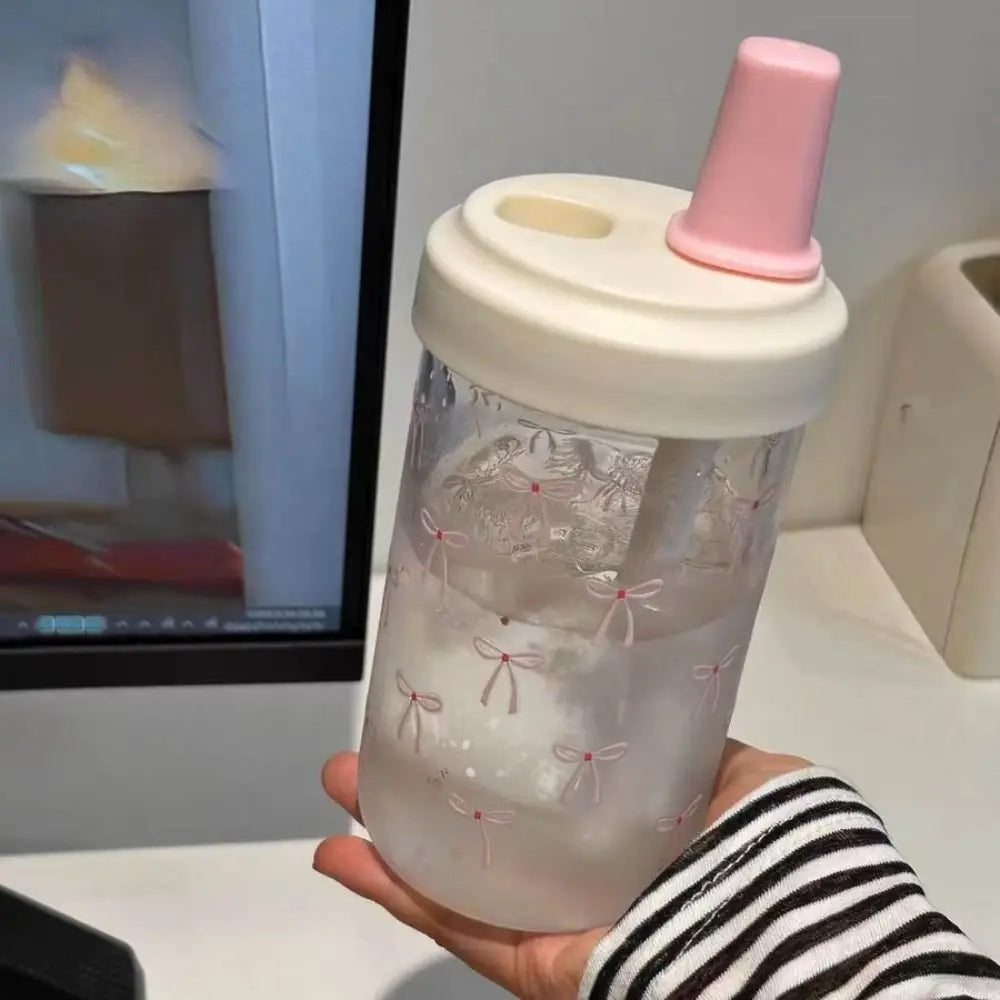 Portable 500ml Straw Cup Plastic Bowknot Cup With Lid Straw Large Capacity Water Bottle Juice Milk