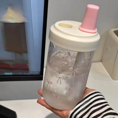 Portable 500ml Straw Cup Plastic Bowknot Cup With Lid Straw Large Capacity Water Bottle Juice Milk