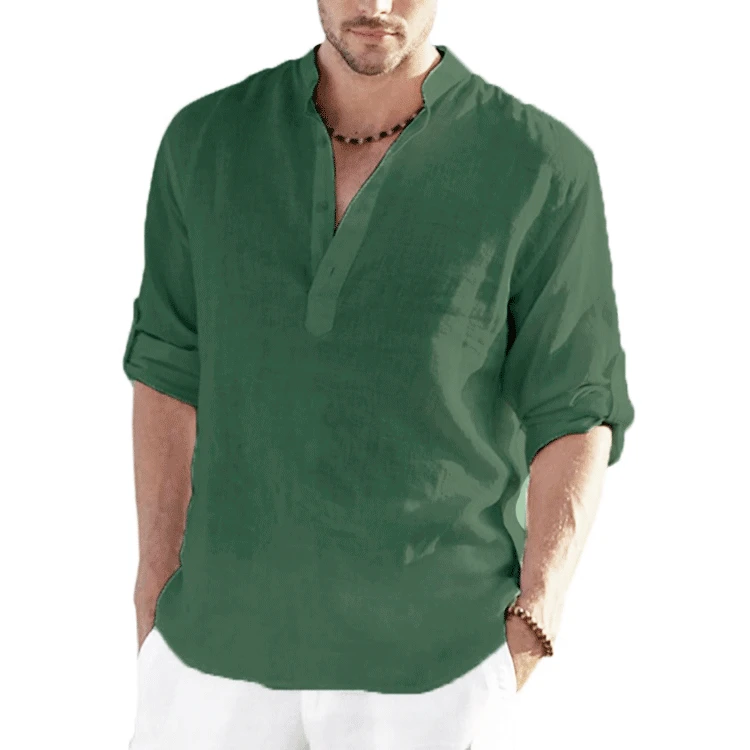 Men Cotton Linen T-shirts Summer V Collarless Long Sleeve Solid Sand Beachwear Office Man Tee Shirt Tops BSDFS-ZT167