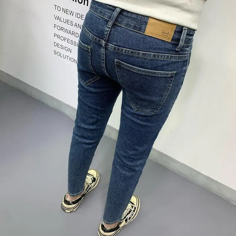 New Men's Slim Denim Jeans Casual Spring and Autumn Stretchy Skinny Pants Korean Style Trendy Cowboy Hip Hop Cropped Trousers