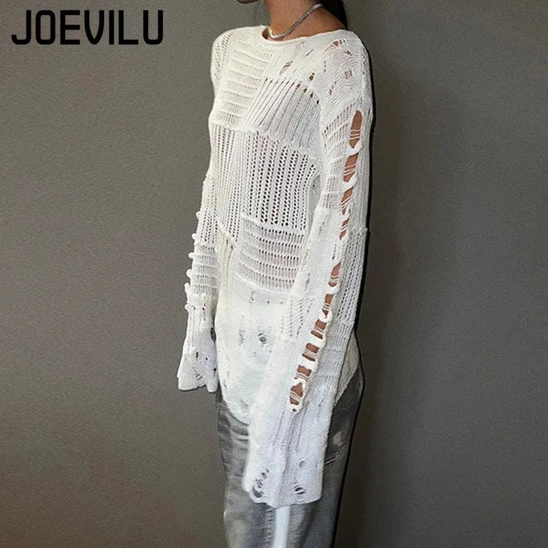 Women's Vintage Gothic Hollow Knit Sweater with Ripped Holes Grunge Y2K Style Thin Long Sleeve Loose Fit Summer Top in Black