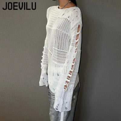 Women's Vintage Gothic Hollow Knit Sweater with Ripped Holes Grunge Y2K Style Thin Long Sleeve Loose Fit Summer Top in Black