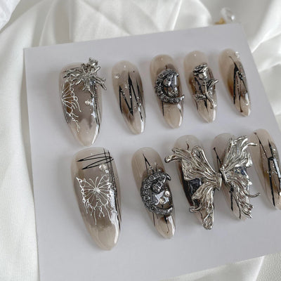 Wearable 3D Silver Butterfly False Nails With Metal Moon Decor Charming Gothic Fake Nails Y2k Press On Nail Long Almond Handmade