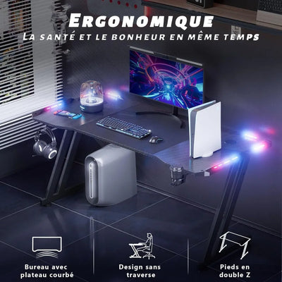 120 x 60 cm LED Gaming Desk, Large Gaming Desk with Carbon Fibre Tray, Ergonomic Computer Desk with Mouse Pad