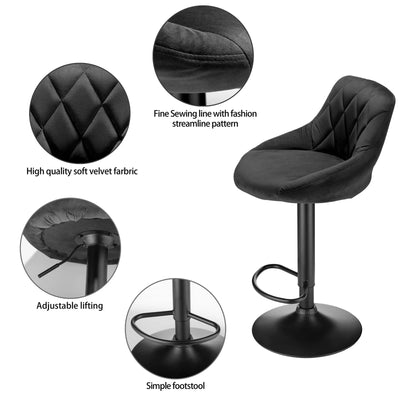 2-piece bar stool set, kitchen stool, upholstered bar stool, swivel bar stool height adjustable 85-105 cm, velvet seat, metal ba