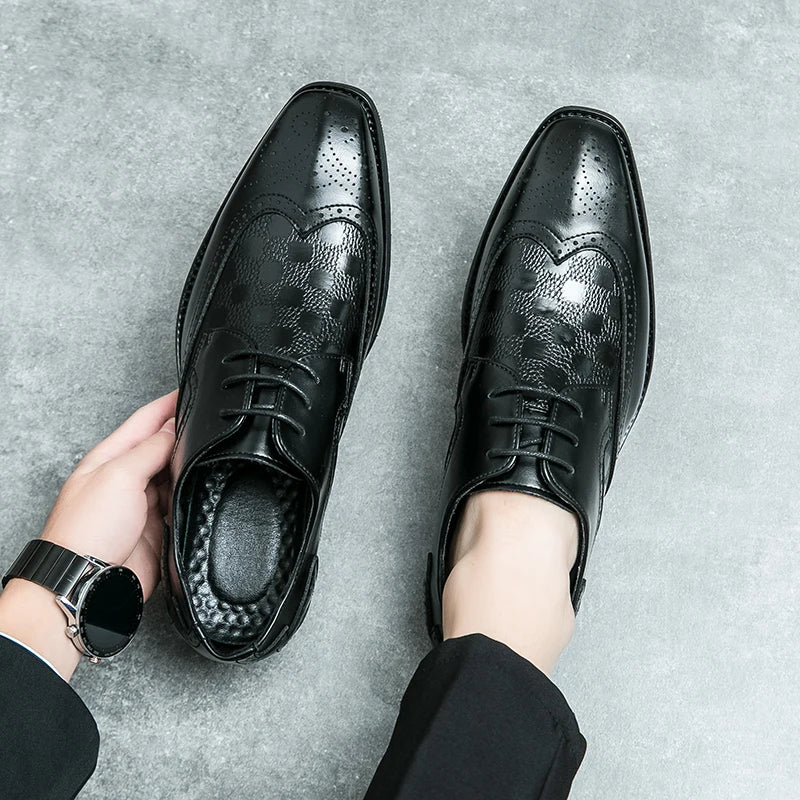 High End Brand Interview Office Business Shoes British Style Blue Brogue Shoes Massage Soles Men's Wedding Square Toe Shoes