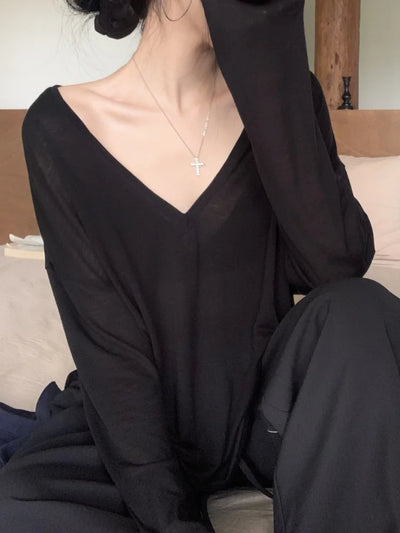 Women Oversized T Shirt Spring Summer V-neck Casual Fashion Loose Thin Long Sleeve Top Pullovers Chic White See Through T-shirt